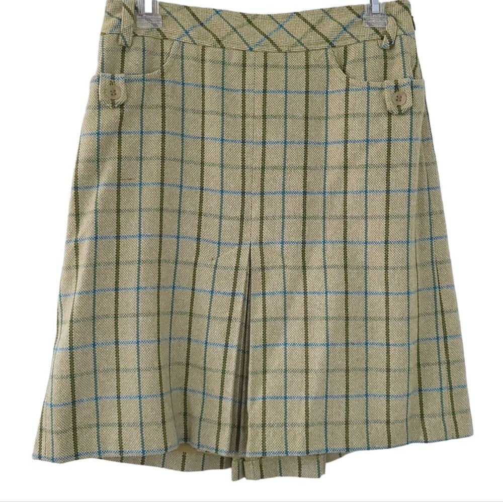 Ann Taylor LOFT Wool Blend Plaid Skirt Size 4 Green Blue Kick Pleats, Lined